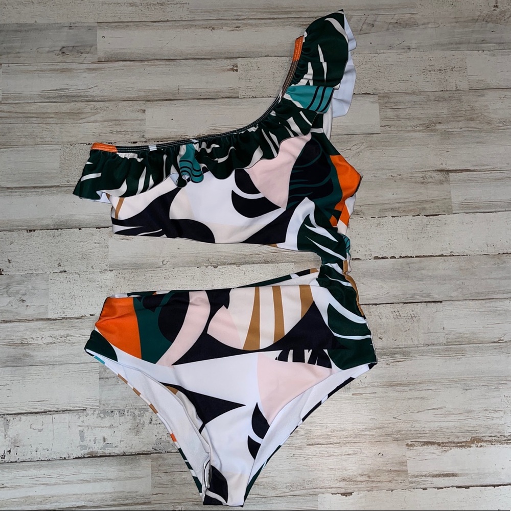 Off Shoulder Tropical Floral Cutout Swimsuit